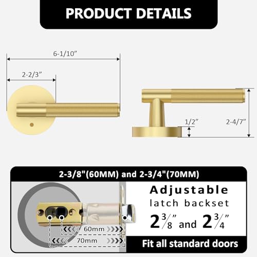 Gold Reversible Privacy Door Handles 4 Pack, Keyless