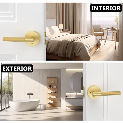 Gold Reversible Privacy Door Handles 4 Pack, Keyless