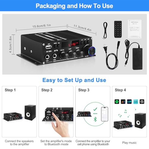 AK-390 Bluetooth HiFi Mini Stereo Amplifier Receiver