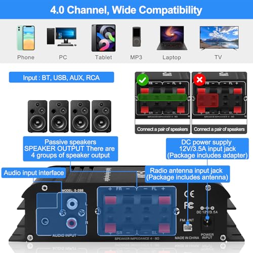 Bluetooth HiFi Home Speaker Amplifier, S-288 4.0CH RMS 40Wx4