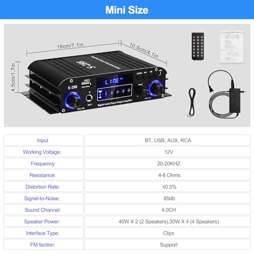 Bluetooth HiFi Home Speaker Amplifier, S-288 4.0CH RMS 40Wx4