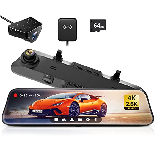 WOLFBOX G900 Mirror Dash Cam Bundle: 4K Front, 2.5K Rear, GPS, Night Vision