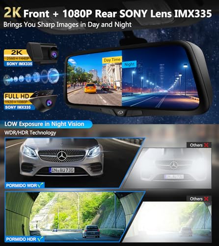 PORMIDO Smart 2K Rearview Mirror Camera, Touchscreen Dashcam