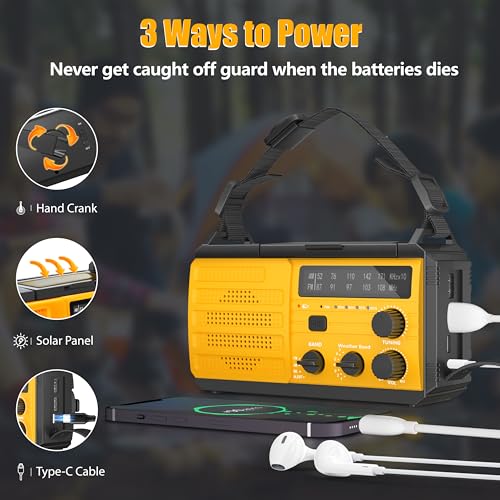 8000mAh Emergency Weather Radio with Solar Charging, SOS Alarm