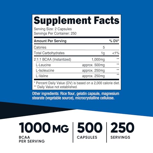 Nutricost BCAA 1000mg Capsules, 500 Count