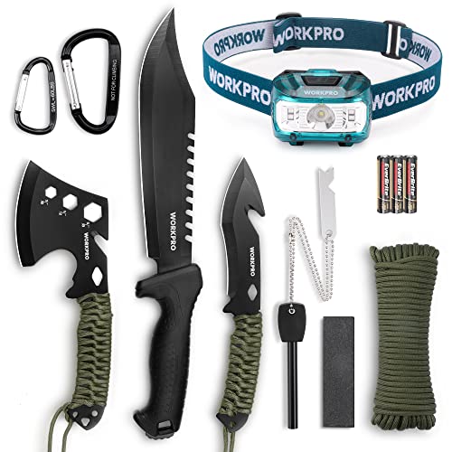 WORKPRO Camping Hatchet, Machete, Axe, Knives, Headlamp Survival