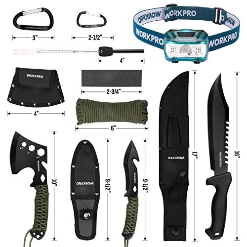 WORKPRO Camping Hatchet, Machete, Axe, Knives, Headlamp Survival