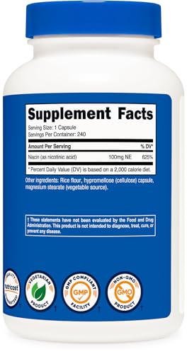 Nutricost Niacin B3 100mg 240 Capsules - Flushing, Non-GMO