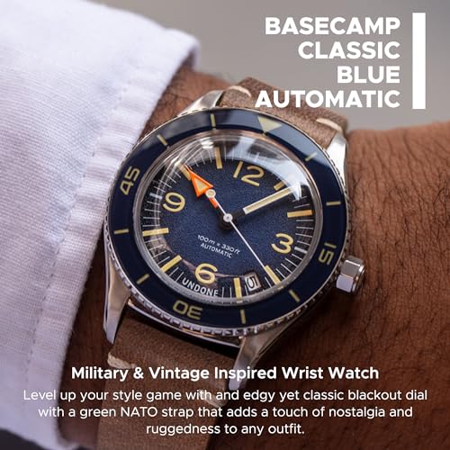 Classic Military Inspired Men's Automatic Watch-Brown Leather, Blue Dial