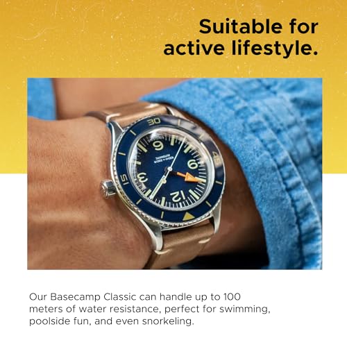 Classic Military Inspired Men's Automatic Watch-Brown Leather, Blue Dial