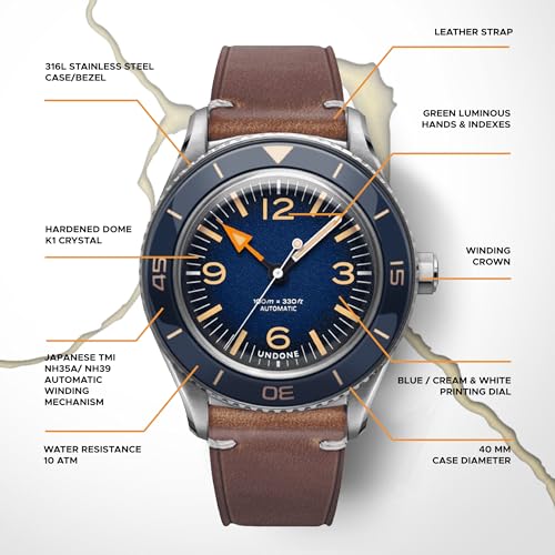 Classic Military Inspired Men's Automatic Watch-Brown Leather, Blue Dial