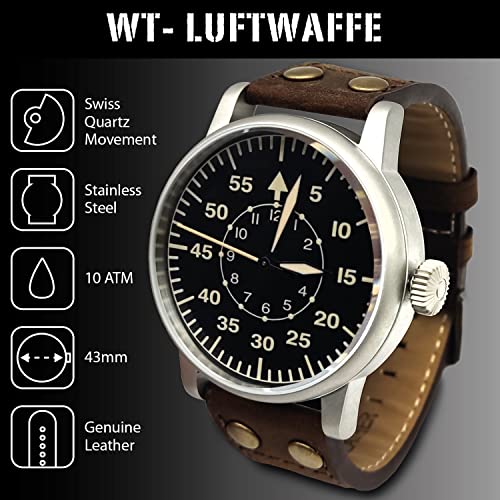 WTI WW2 Military Aviator Watch, Swiss Movement, Leather Strap