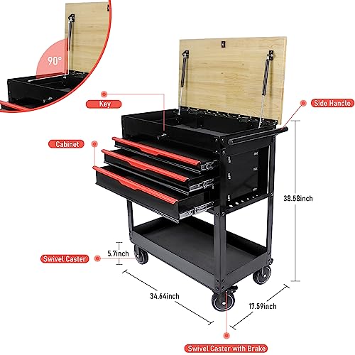 3-Drawer Rolling Tool Chest with Wooden Top