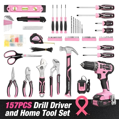 Pink Household Tool Kit with 20V Cordless Drill