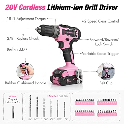 Pink Household Tool Kit with 20V Cordless Drill