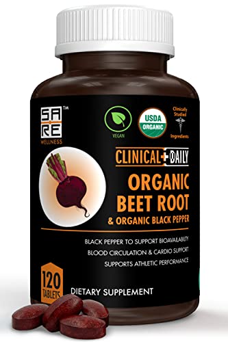 Clinical Daily USDA Organic Beet Root Powder Tablets for Fast Dissolution. 1350mg Beets Blood Circulation Supplements Support Blood Pressure, Energy, High Athletic Performance. Non-GMO 120 Beet Pills
