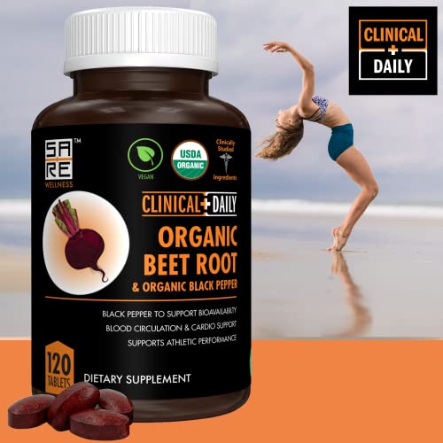 Clinical Daily USDA Organic Beet Root Powder Tablets for Fast Dissolution. 1350mg Beets Blood Circulation Supplements Support Blood Pressure, Energy, High Athletic Performance. Non-GMO 120 Beet Pills