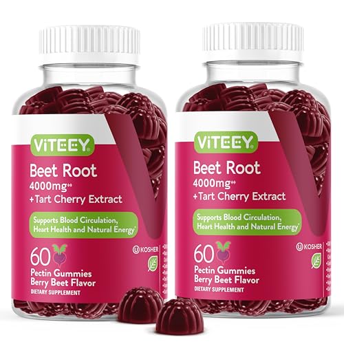 Beet Root Gummies 4000mg + Tart Cherry - for Healthy Blood Pressure Support - Vegan, Gelatin Free, Gluten Free - Tasty Chewable Berry Beet Flavored Gummy