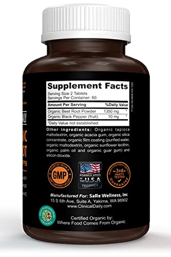 Clinical Daily USDA Organic Beet Root Powder Tablets for Fast Dissolution. 1350mg Beets Blood Circulation Supplements Support Blood Pressure, Energy, High Athletic Performance. Non-GMO 120 Beet Pills
