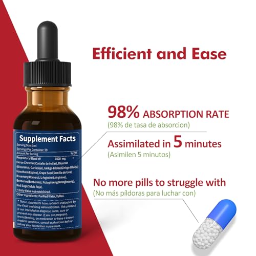 Nurbetoxa Blood Circulation Drops, Castaño de Indias y Diosmina para la Circulacion y Varices, Nitric Oxide Supplement for Blood Flow, Pressure & Heart Health W/Horse Chestnut Extract Liquid.2 oz