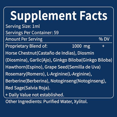 Nurbetoxa Blood Circulation Drops, Castaño de Indias y Diosmina para la Circulacion y Varices, Nitric Oxide Supplement for Blood Flow, Pressure & Heart Health W/Horse Chestnut Extract Liquid.2 oz