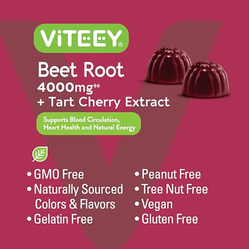 Beet Root Gummies 4000mg + Tart Cherry - for Healthy Blood Pressure Support - Vegan, Gelatin Free, Gluten Free - Tasty Chewable Berry Beet Flavored Gummy