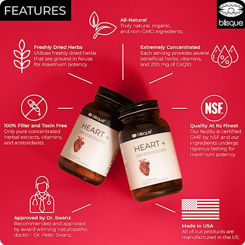 Blisque – Natural Blood Pressure Support Supplement for Heart Health and Circulation | Doctor-Approved | with 200 mg CoQ10, Hawthorn Berry, Beet Root, Turmeric | 90 Capsules