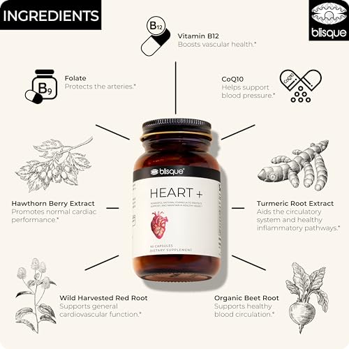 Blisque – Natural Blood Pressure Support Supplement for Heart Health and Circulation | Doctor-Approved | with 200 mg CoQ10, Hawthorn Berry, Beet Root, Turmeric | 90 Capsules