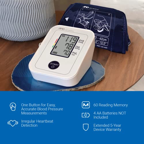 A&D Medical Essential One Button Blood Pressure Monitor UA-611 with Wide Range Blood Pressure Cuff (22-42 cm / 8.6-16.5" Range), One-Click Operation, Irregular Heartbeat Detection, LCD BP Machine