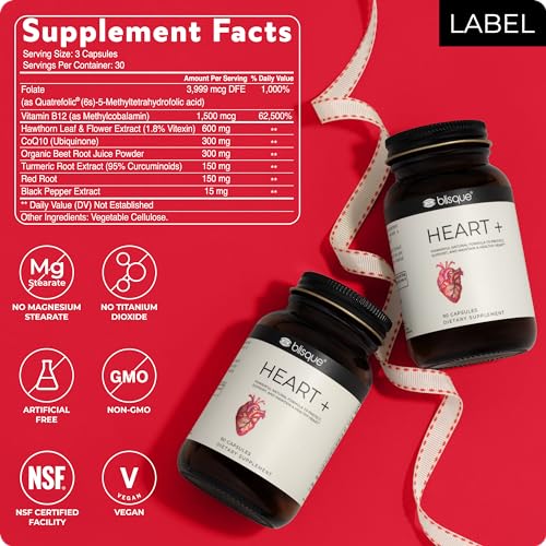 Blisque – Natural Blood Pressure Support Supplement for Heart Health and Circulation | Doctor-Approved | with 200 mg CoQ10, Hawthorn Berry, Beet Root, Turmeric | 90 Capsules
