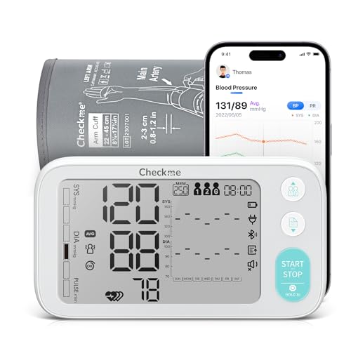 Checkme Blood Pressure Monitors for Home Use, Automatic Digital BP Machine with Bluetooth, Dual Display with 7 Days Trends, XL Size Cuff 8.7-17.7˝, 2 * 250 Storage, Dual Power Supply, Voice Broadcast