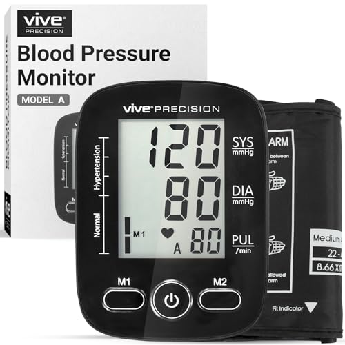 Vive Precision Blood Pressure Monitor - Upper Arm Digital Pulse BP Machine - Accurate Heart Rate Sensor for Home Use - Portable BPM with Large LCD Display - Automatic Heartbeat Monitoring System Kit