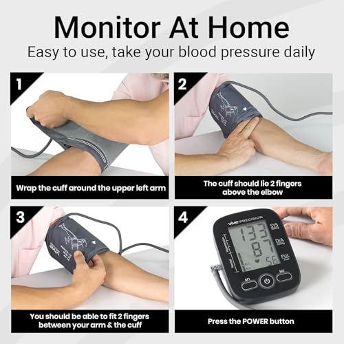 Vive Precision Blood Pressure Monitor - Upper Arm Digital Pulse BP Machine - Accurate Heart Rate Sensor for Home Use - Portable BPM with Large LCD Display - Automatic Heartbeat Monitoring System Kit