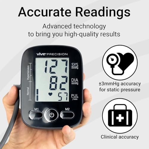Vive Precision Blood Pressure Monitor - Upper Arm Digital Pulse BP Machine - Accurate Heart Rate Sensor for Home Use - Portable BPM with Large LCD Display - Automatic Heartbeat Monitoring System Kit
