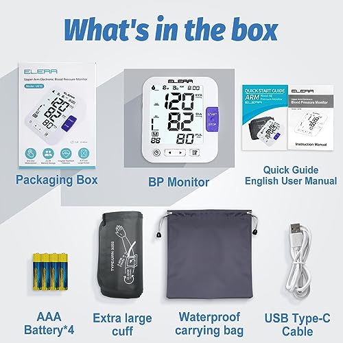 Large Screen Blood Pressure Monitor, ELERA Extra Large Cuff 13-21" Blood Pressure Machine for Home Use, Upper Arm BP Cuff Kit with Backlight LCD & HR Detection, Two User Mode