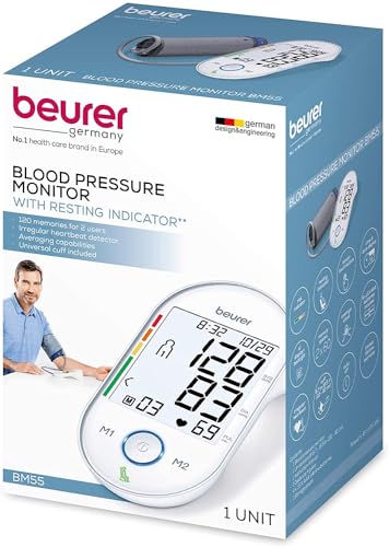 Beurer BM55 Blood Pressure Machine – XL Backlit Display, Arrhythmia Alarm, Portable Storage Kit, 2 Users, Automatic Blood Pressure Cuff, Resting Indicator – Blood Pressure Monitor Batteries Included