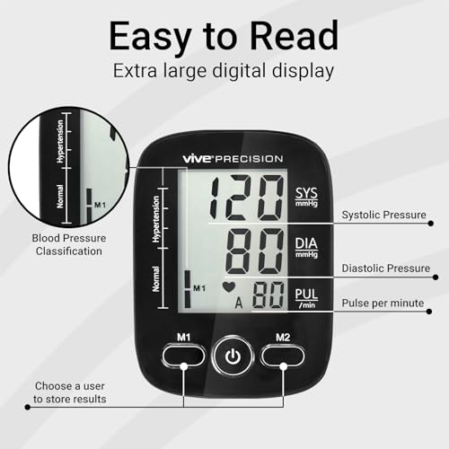 Vive Precision Blood Pressure Monitor - Upper Arm Digital Pulse BP Machine - Accurate Heart Rate Sensor for Home Use - Portable BPM with Large LCD Display - Automatic Heartbeat Monitoring System Kit