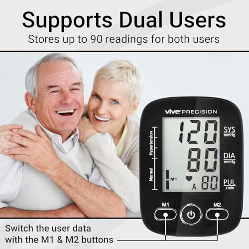 Vive Precision Blood Pressure Monitor - Upper Arm Digital Pulse BP Machine - Accurate Heart Rate Sensor for Home Use - Portable BPM with Large LCD Display - Automatic Heartbeat Monitoring System Kit