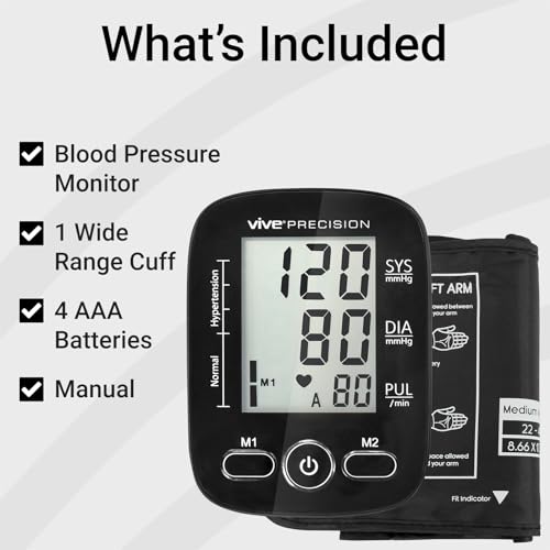 Vive Precision Blood Pressure Monitor - Upper Arm Digital Pulse BP Machine - Accurate Heart Rate Sensor for Home Use - Portable BPM with Large LCD Display - Automatic Heartbeat Monitoring System Kit