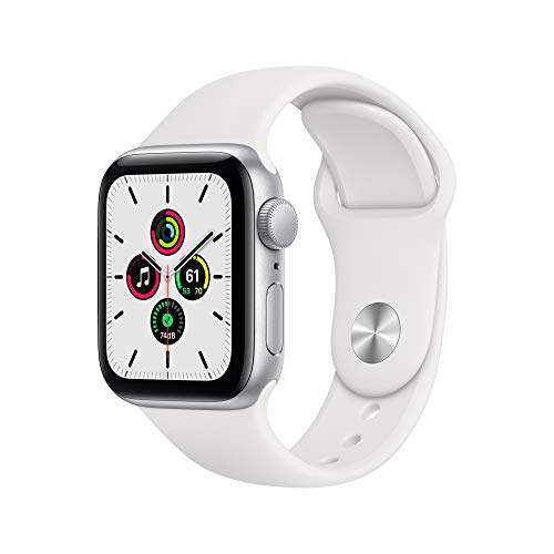 Silver Apple Watch SE with White Sport Band