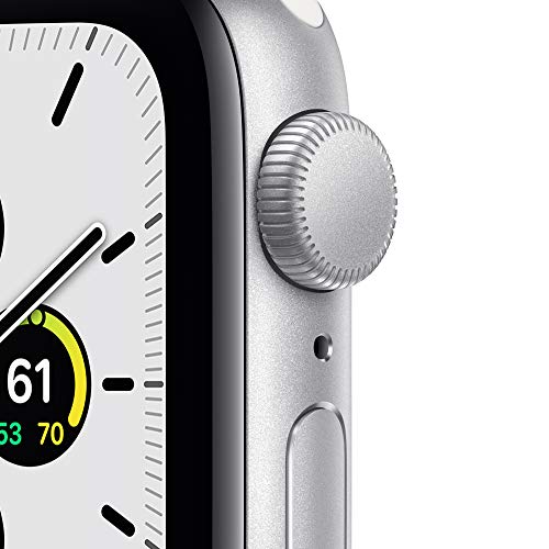 Silver Apple Watch SE with White Sport Band