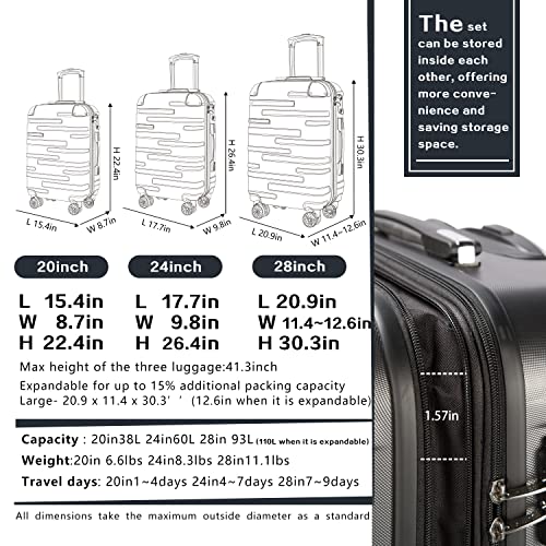 Coolife 3-Piece TSA Lock Spinner Suitcase Set (Gray)