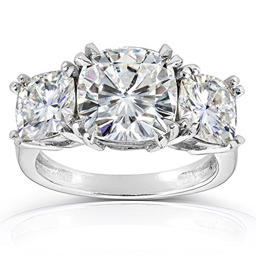 3 Stone Cushion Diamond Engagement Ring, 14K White Gold