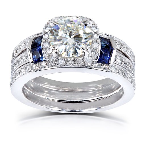 Moissanite Bridal Set with Sapphire in 14k Gold
