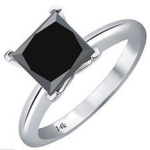 Princess Black Diamond Solitaire Ring, 10 Carat, 14K White Gold