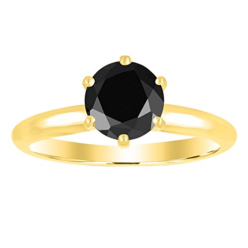 14K Yellow Gold Round Black Diamond Solitaire Ring VIP