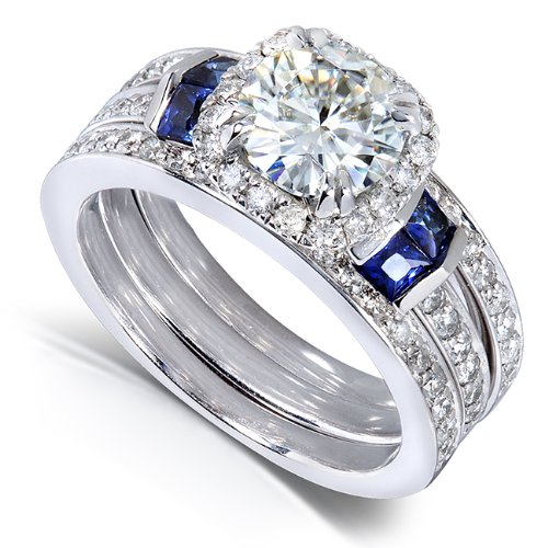 Moissanite Bridal Set with Sapphire in 14k Gold