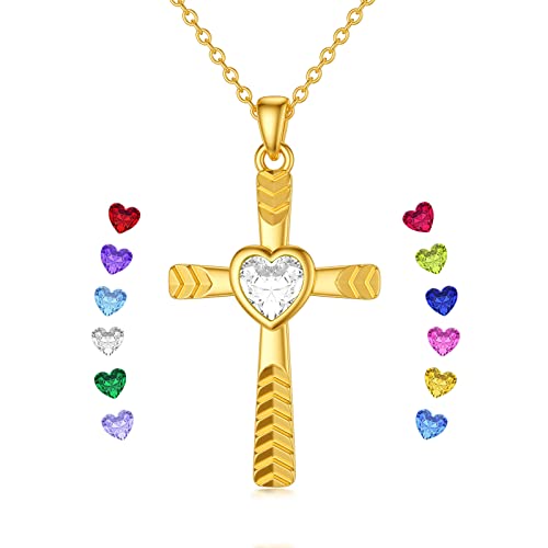 14K Gold Birthstone Cross Necklace - Laser Diamond Cut