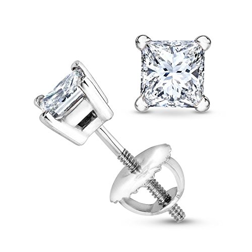 Platinum Solitaire Diamond Stud Earrings Princess Cut 1 Carat