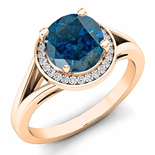 Blue & White Diamond Halo Engagement Ring, 14K Rose Gold